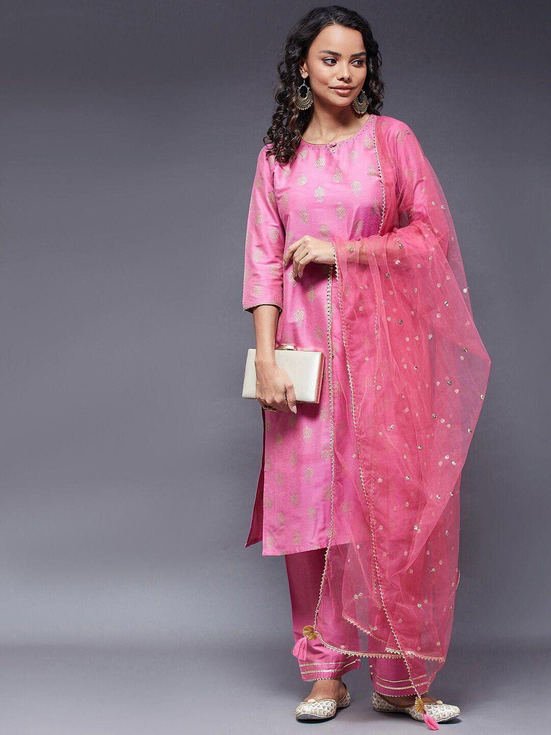 azira women pink printed kurta with trousers & dupatta