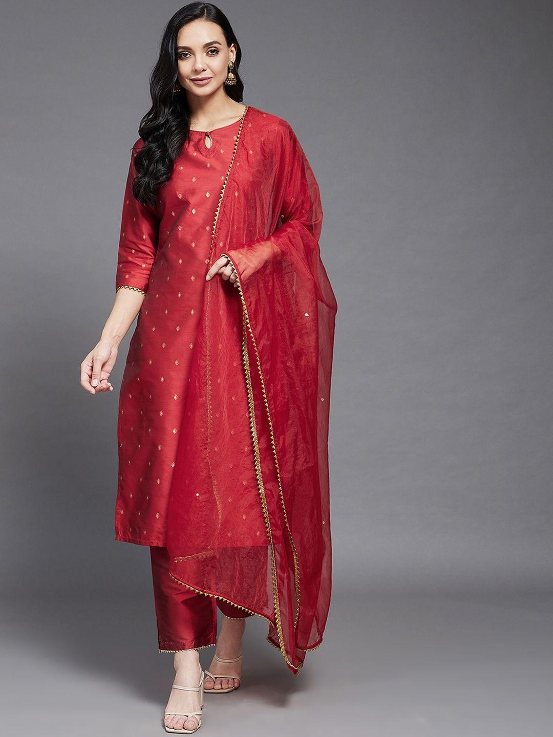 azira women red regular gotta patti kurta with trousers & with dupatta