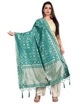 aztec pattern banarasi silk dupatta with tassels