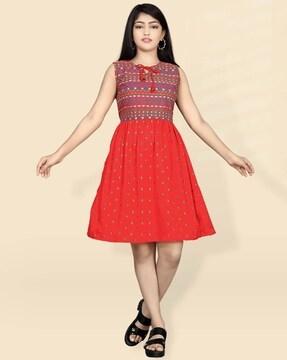 aztec print a-line dress with neck tie-up