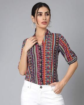 aztec print shirt with v-neck collar