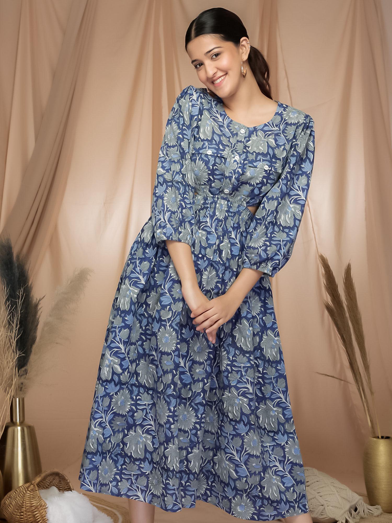 azure blooms floral block printed dress