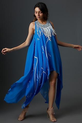 azure blue crepe & georgette embroidered dress