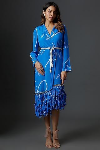 azure blue crepe blazer dress with belt