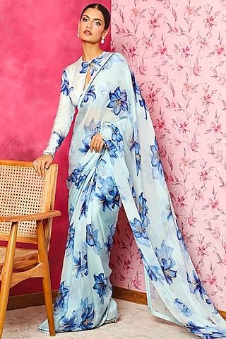 azure blue printed pre-stitched saree set