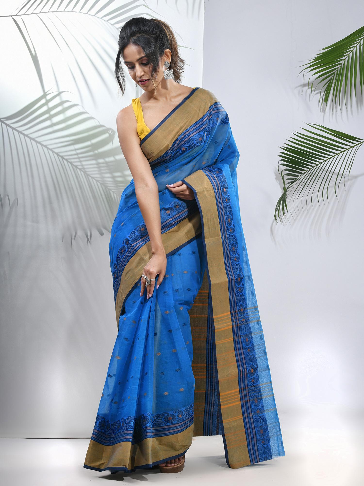 azure blue pure cotton tant woven designs saree without blouse