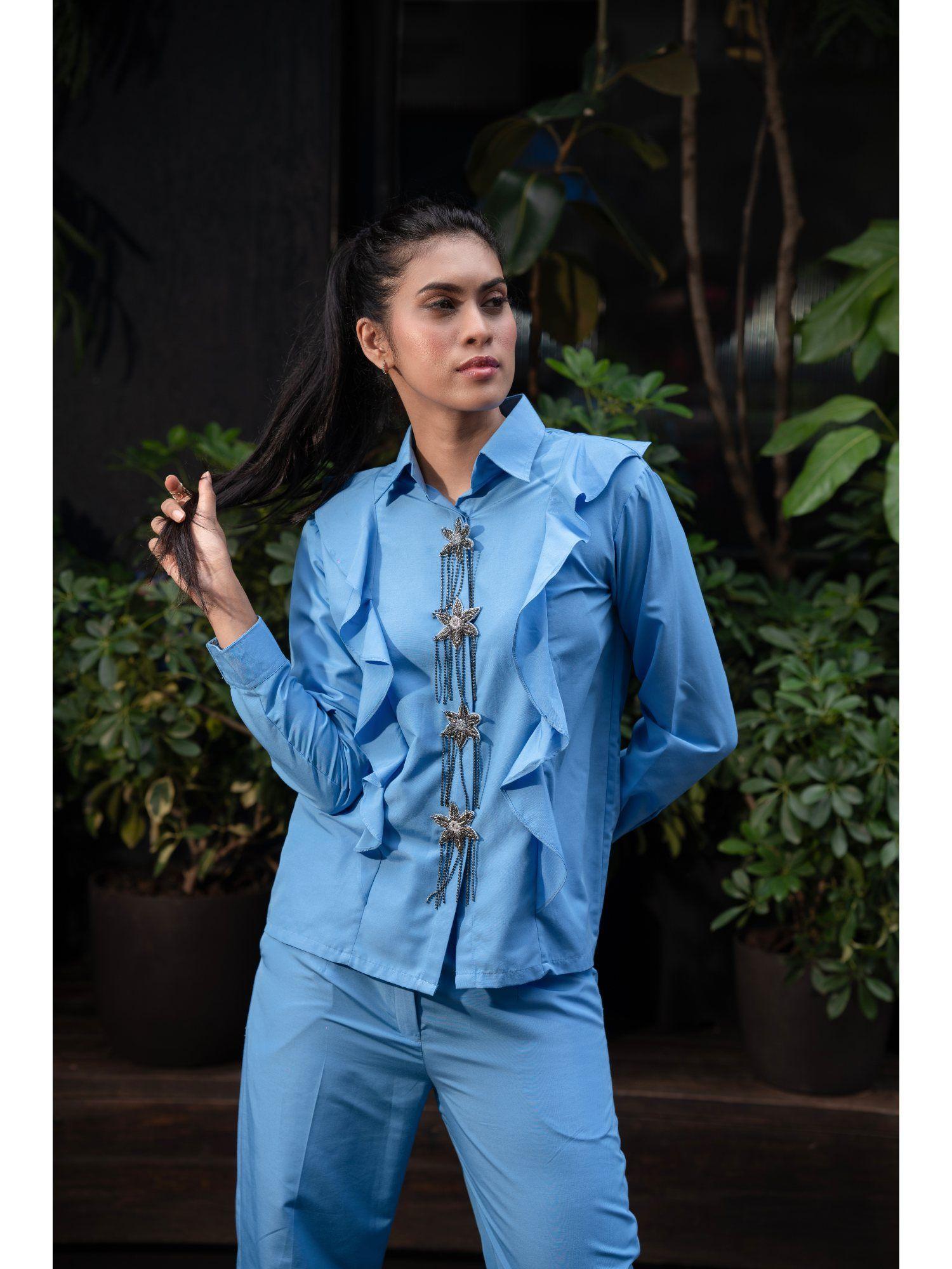 azure blue ruffle shirt