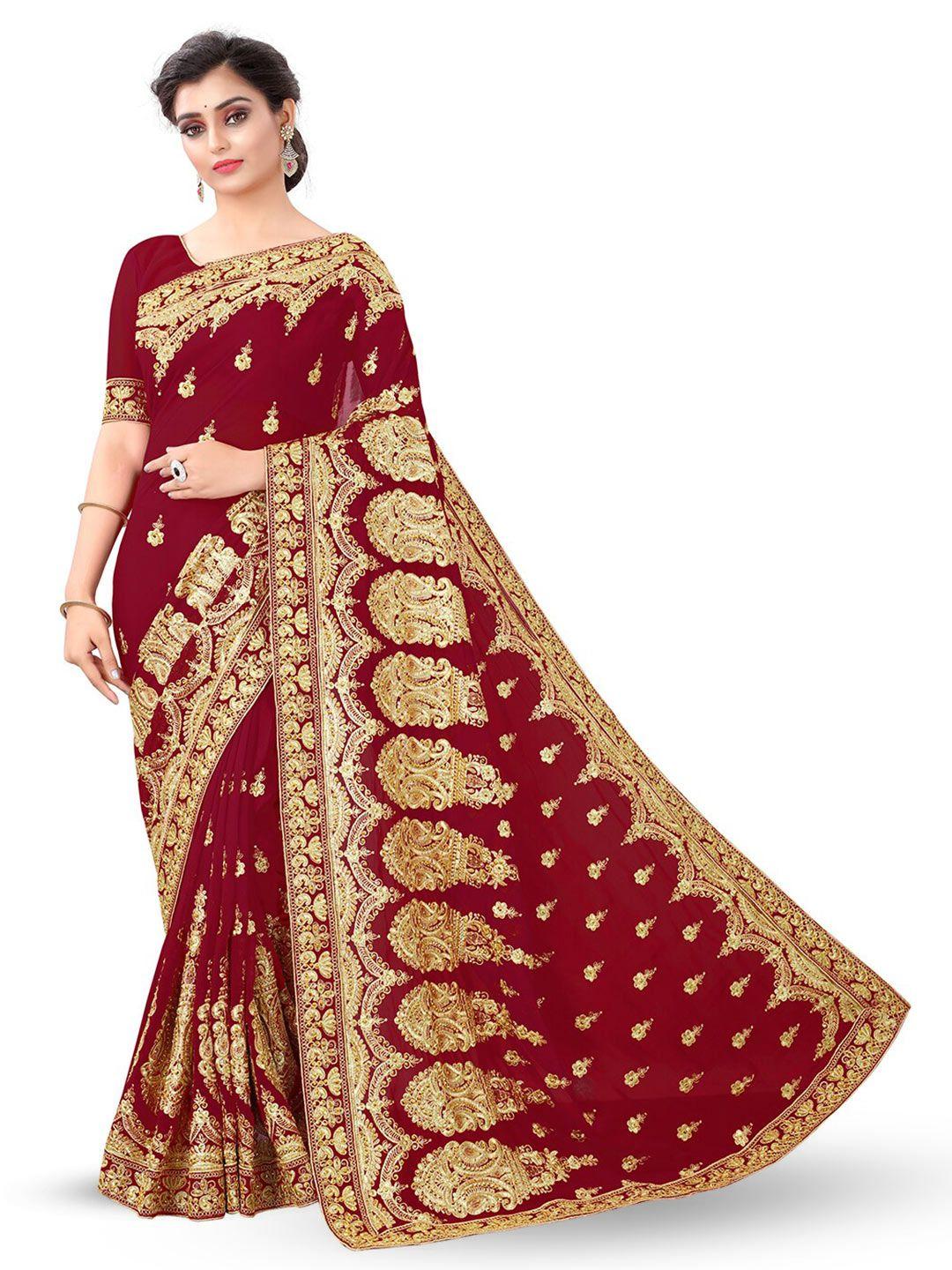 b bella creation maroon embellished beads and stones pure georgette heavy work saree