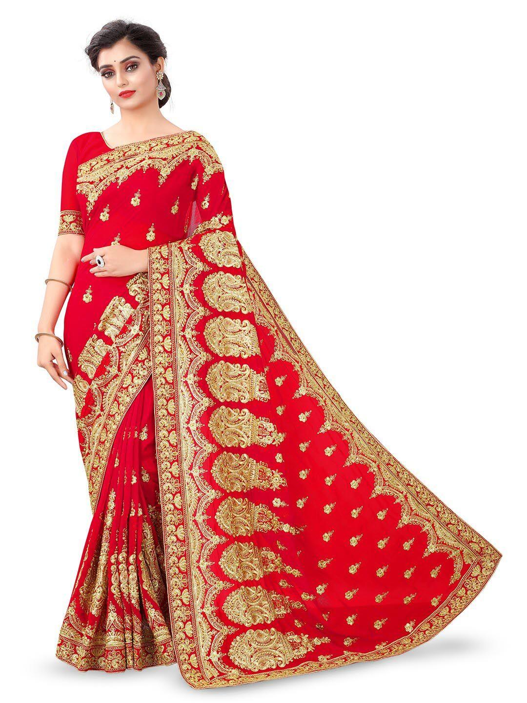 b bella creation red embellished beads and stones pure georgette heavy work saree