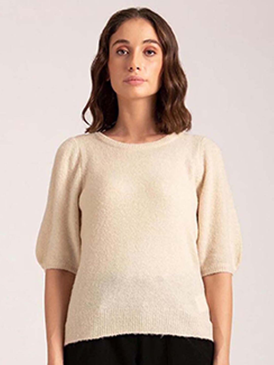 b copenhagen women cream-coloured solid pullover