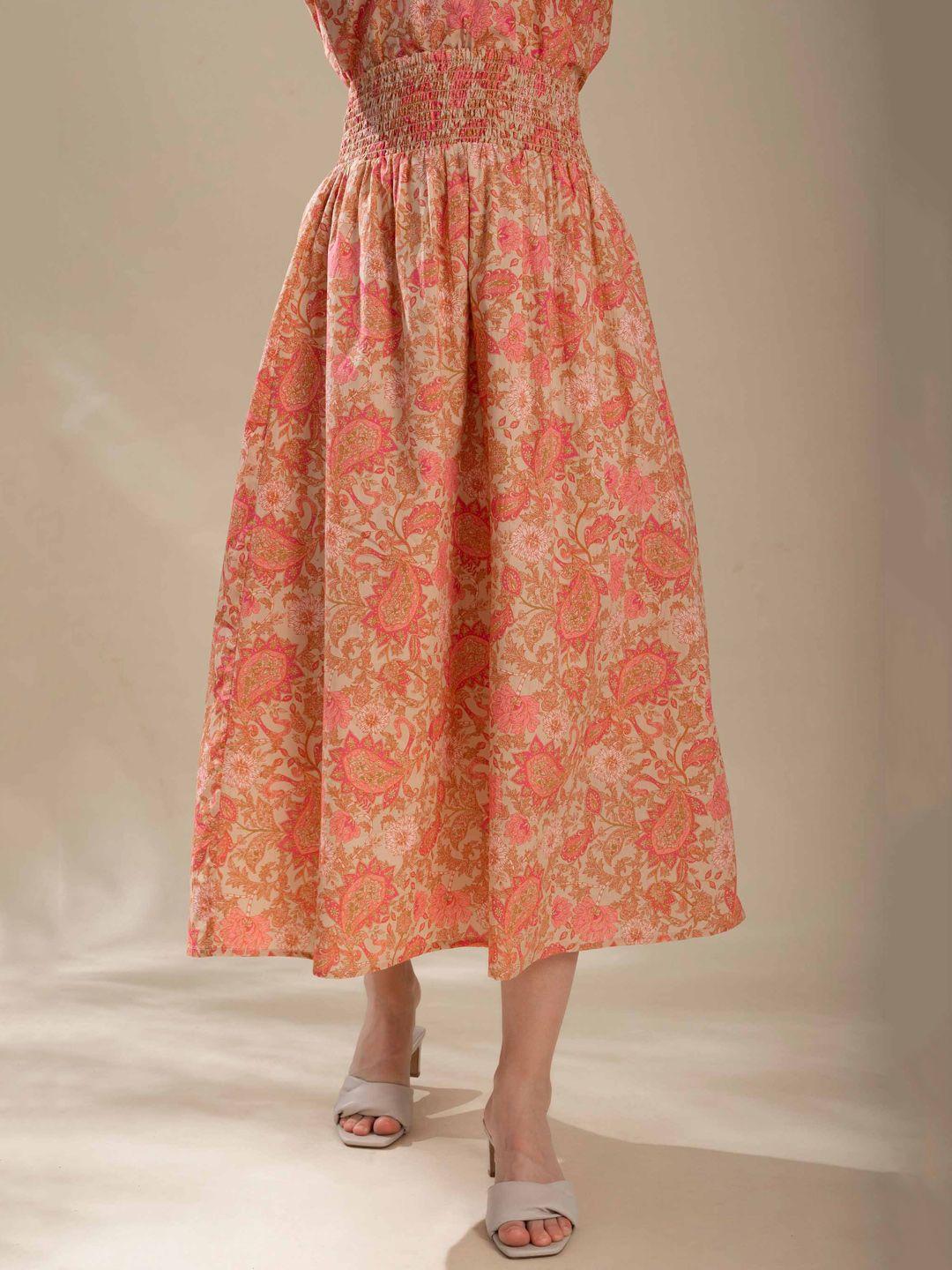 b.copenhagen women pink ,orange &beige printed pure cotton flared midi skirt