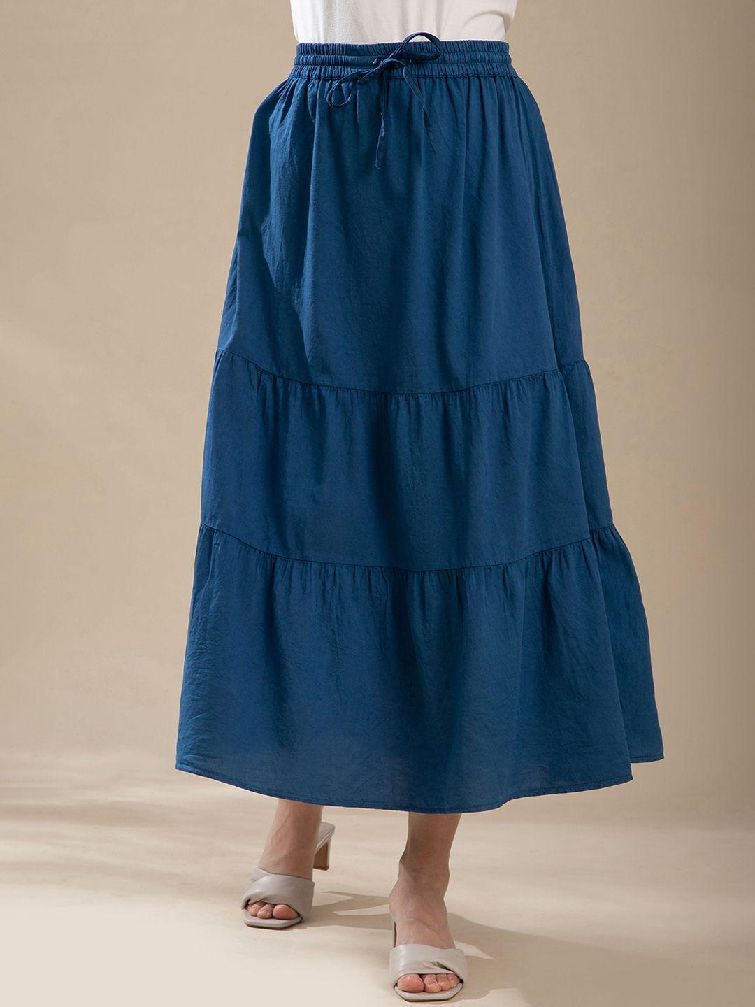 b.copenhagen women teal solid pure cotton maxi flared skirts