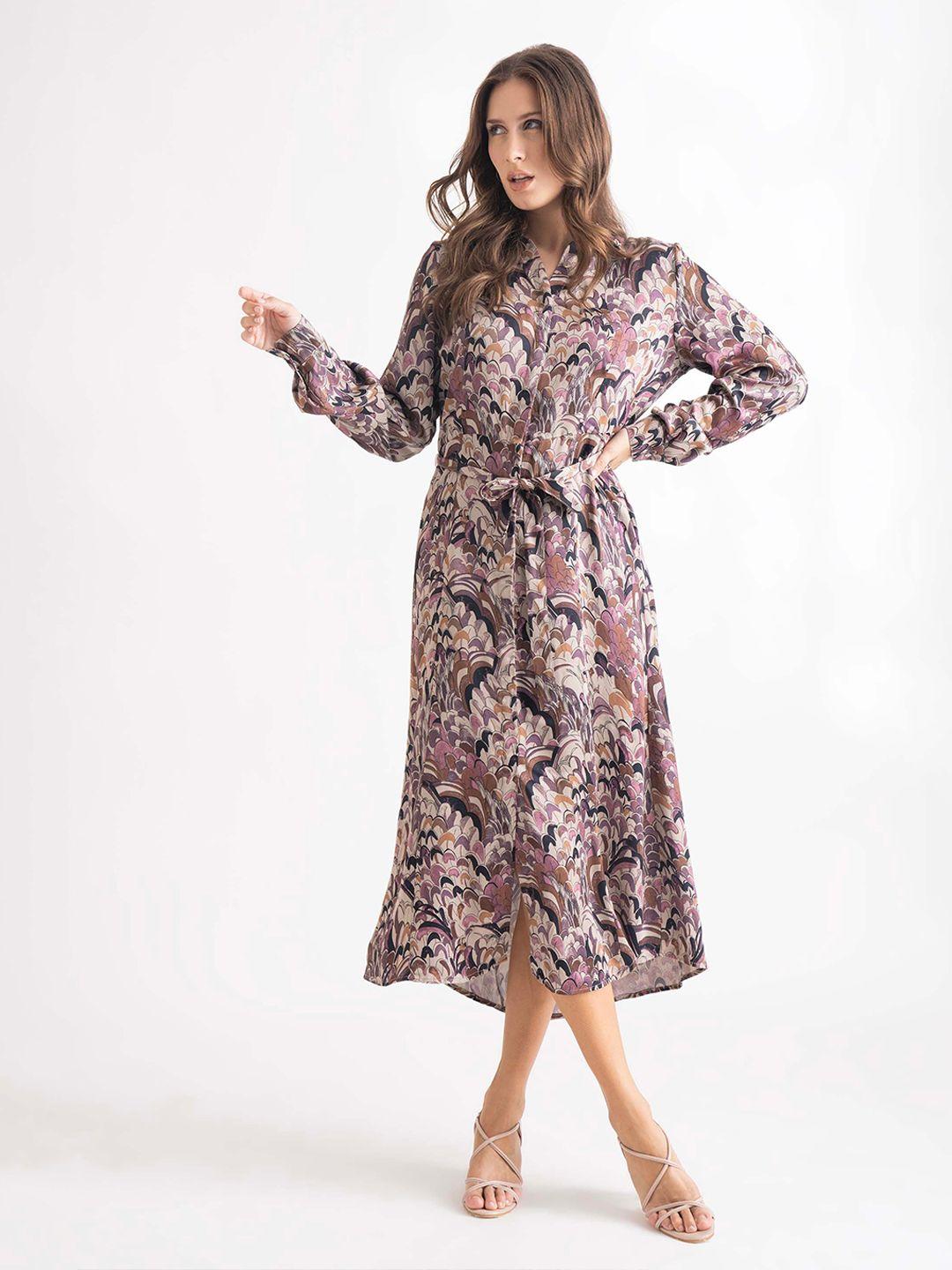 b.copenhagen abstract printed cuffed sleeves belted shirt midi dress