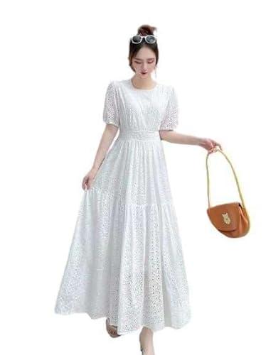 b.g fashion dress for women, white gown for ladies round neck, half sleeves & net material (white, m)