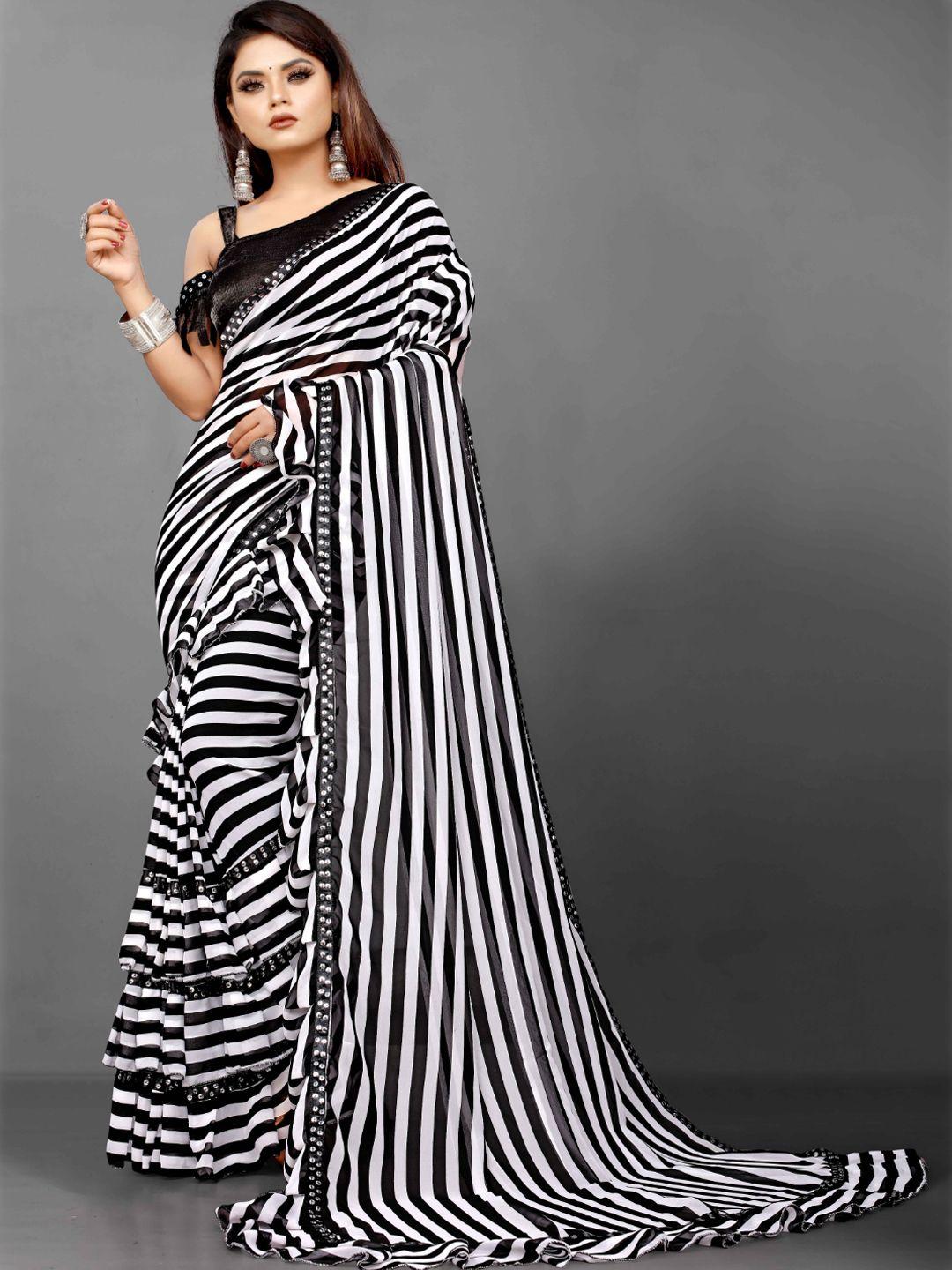 b4me com black & white striped sequinned pure georgette saree