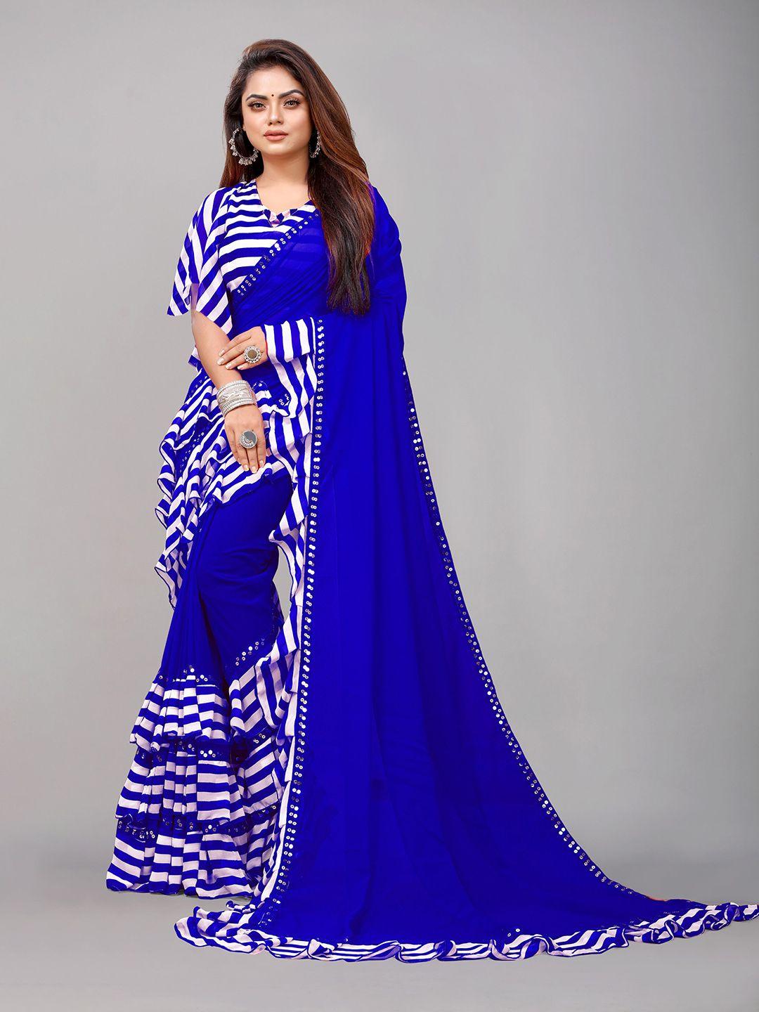 b4me com blue & white pure georgette ruffled saree