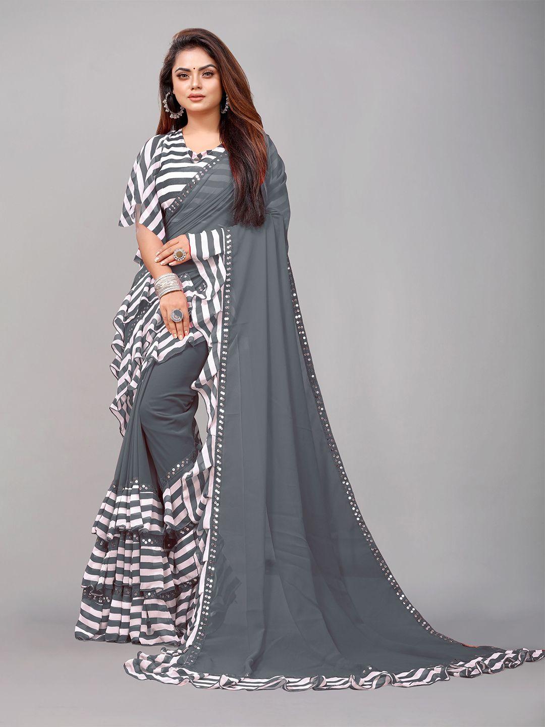 b4me com grey & white pure georgette ruffled saree