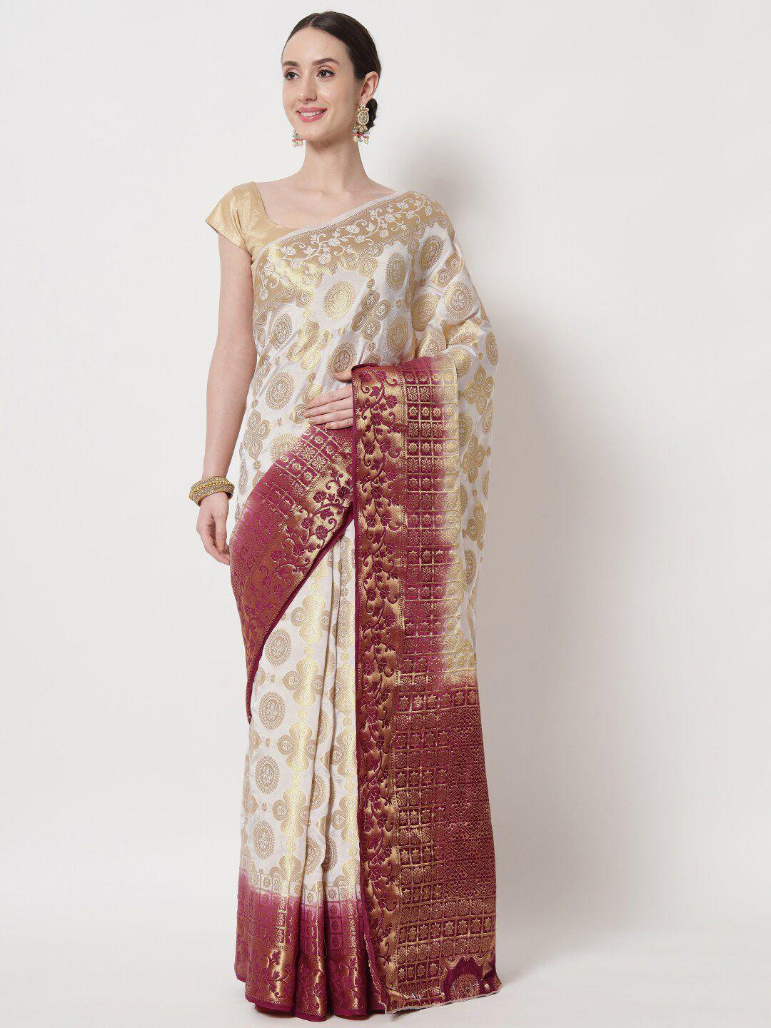 b4me com maroon & cream-coloured woven design zari tissue ready to wear kanjeevaram saree