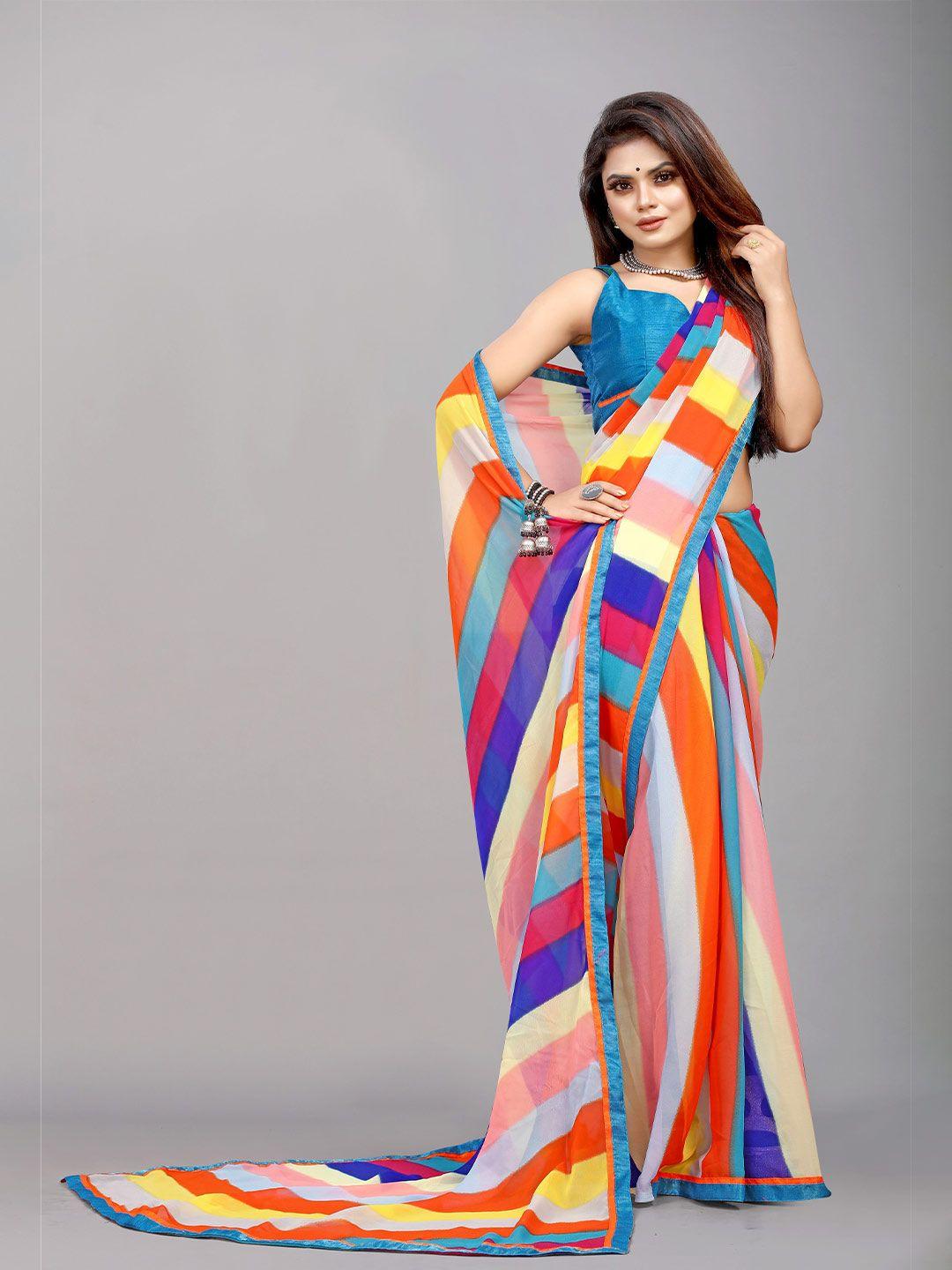 b4me com orange & blue striped pure georgette saree