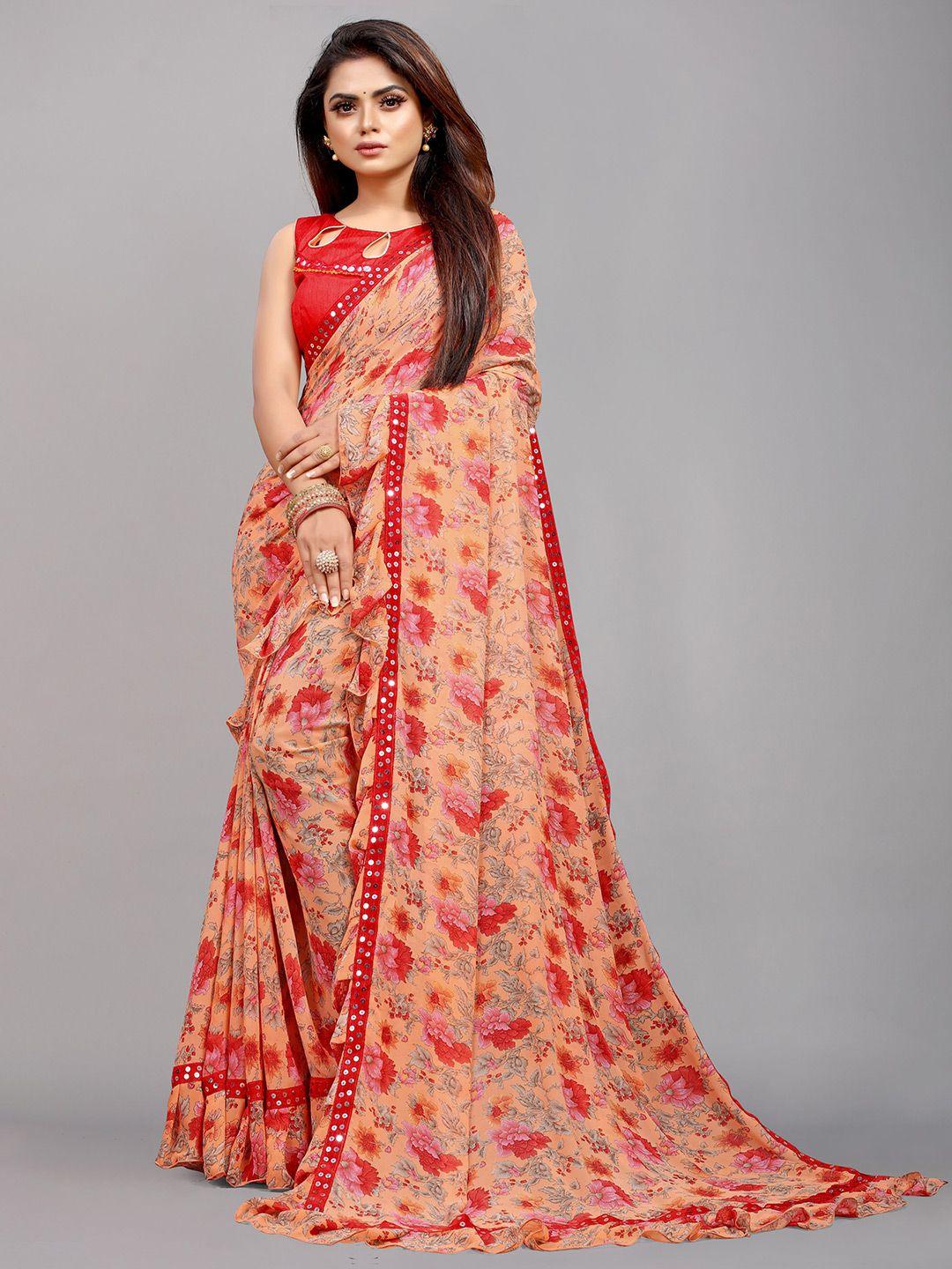 b4me com orange & red floral mirror work pure georgette saree with ruffle boarder