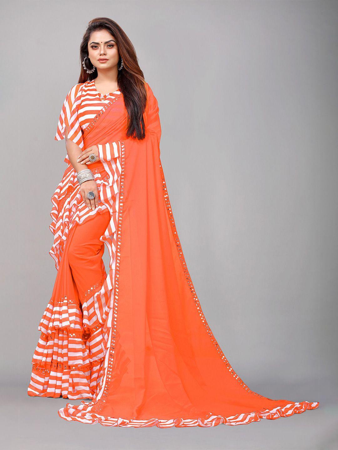 b4me com orange & white striped mirror work pure georgette saree