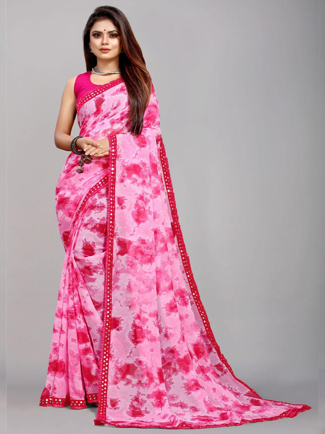 b4me com pink printed pure georgette block print saree