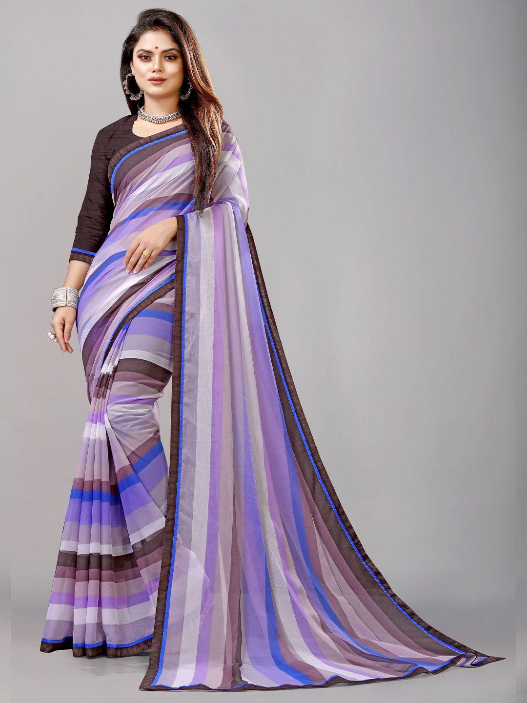 b4me com purple & coffee brown striped pure georgette leheriya saree