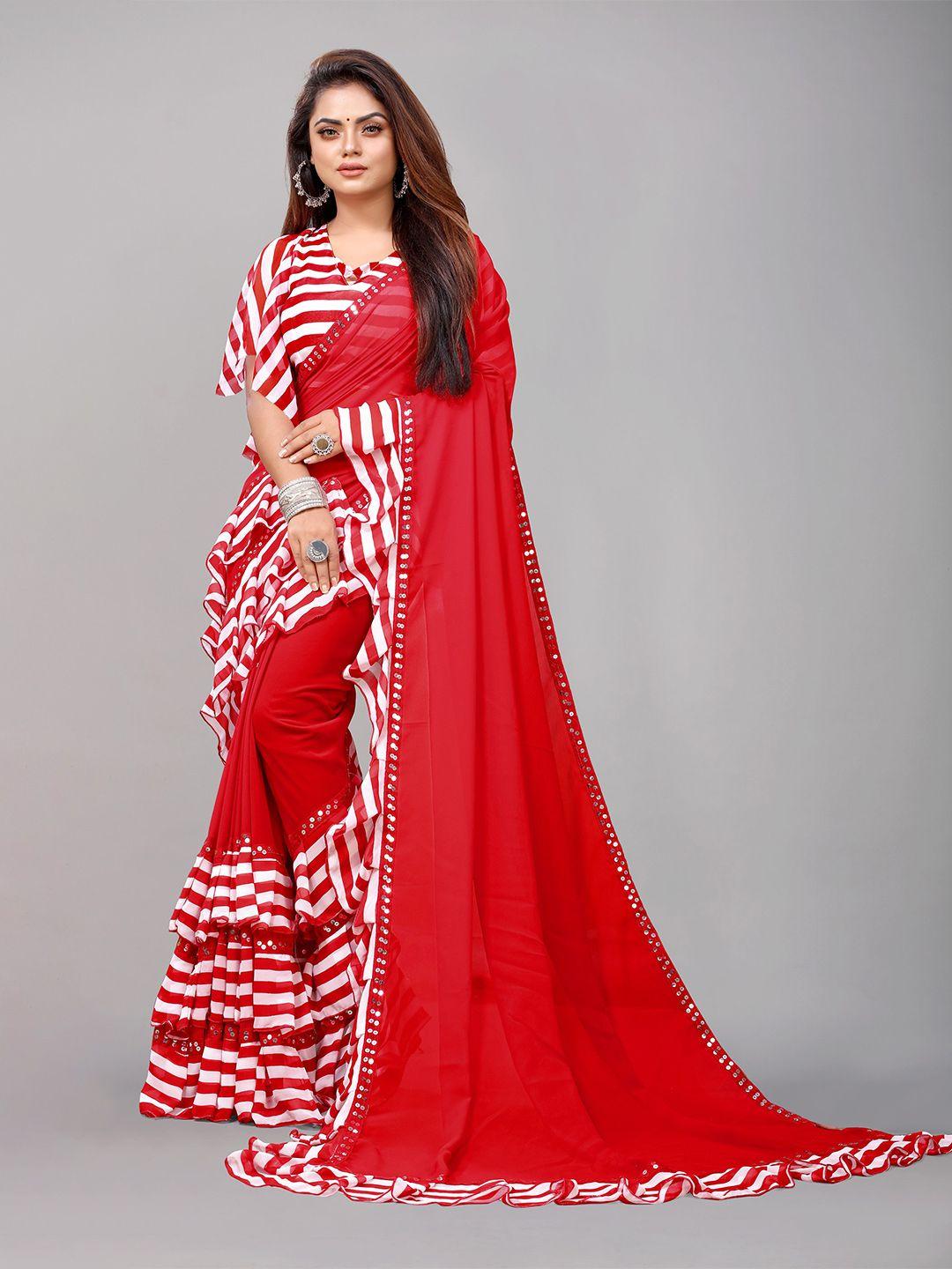 b4me com red & off white striped mirror work pure georgette saree