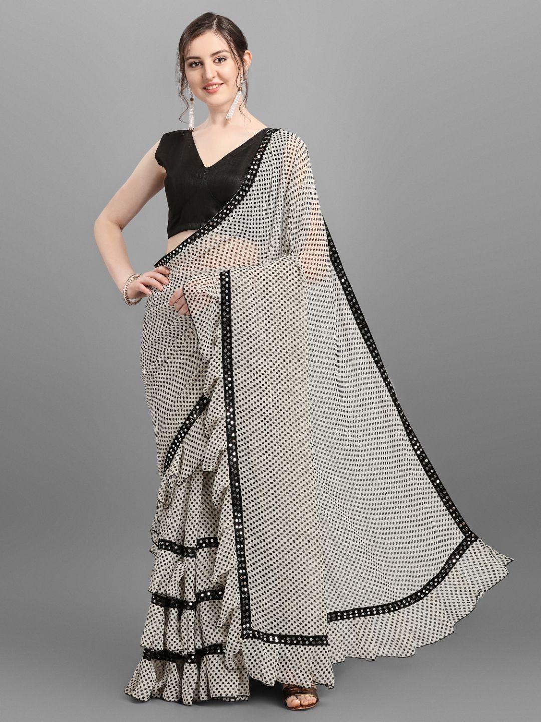 b4me com white & black pure georgette block print saree