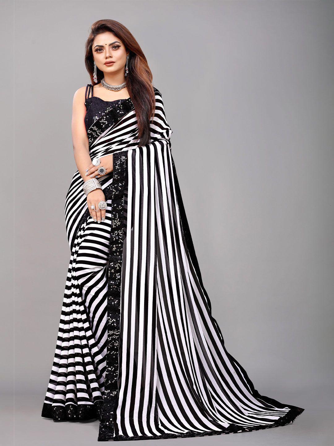 b4me com white & black striped sequinned pure georgette saree
