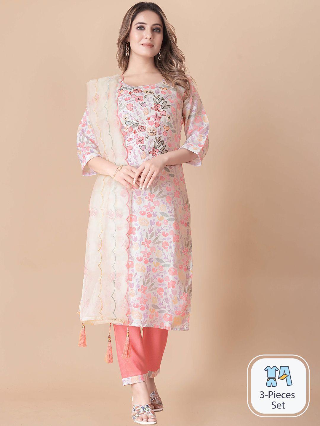 b4me.com floral printed beads & stones detailed straight kurta & trousers with dupatta