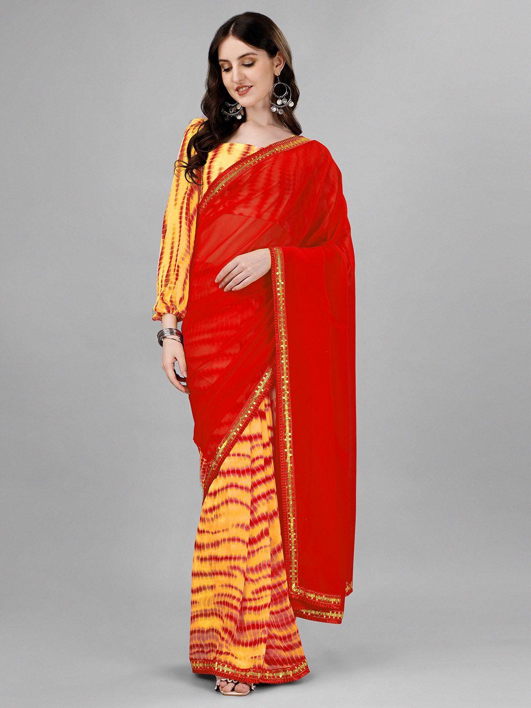 b4me.com tie and dye printed sequinned pure georgette half and half leheriya saree