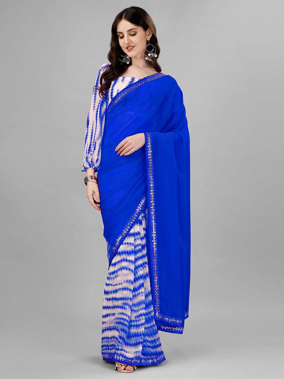 b4me.com tie and dye printed sequinned pure georgette half and half leheriya saree