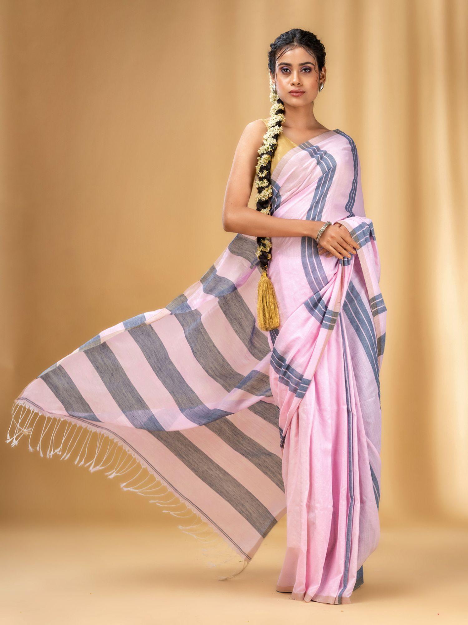 babu pink and grey cotton handwoven soft saree with stripe pattern with unstitched blouse