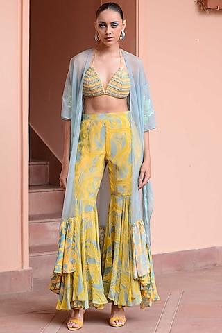 baby blue & yellow georgette cape set