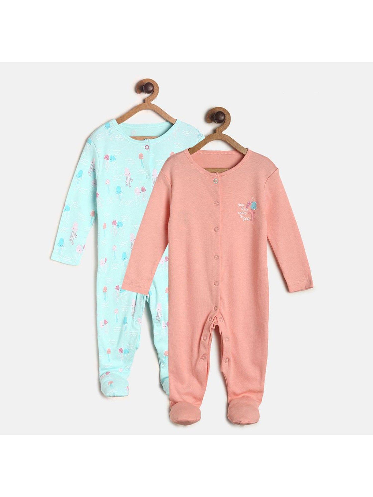 baby girls aqua & peach sleep suit (set of 2)