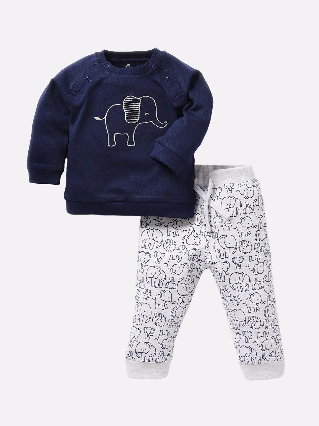 baby go boys navy blue & white printed clothing set