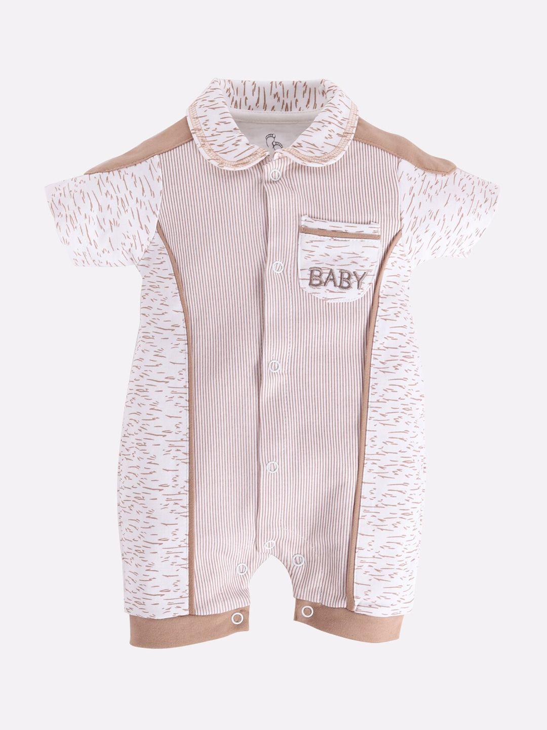 baby go boys white & taupe printed half sleeve pure cotton romper