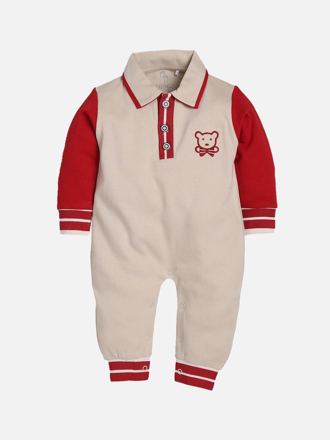 baby go infant boys beige & red solid cotton rompers