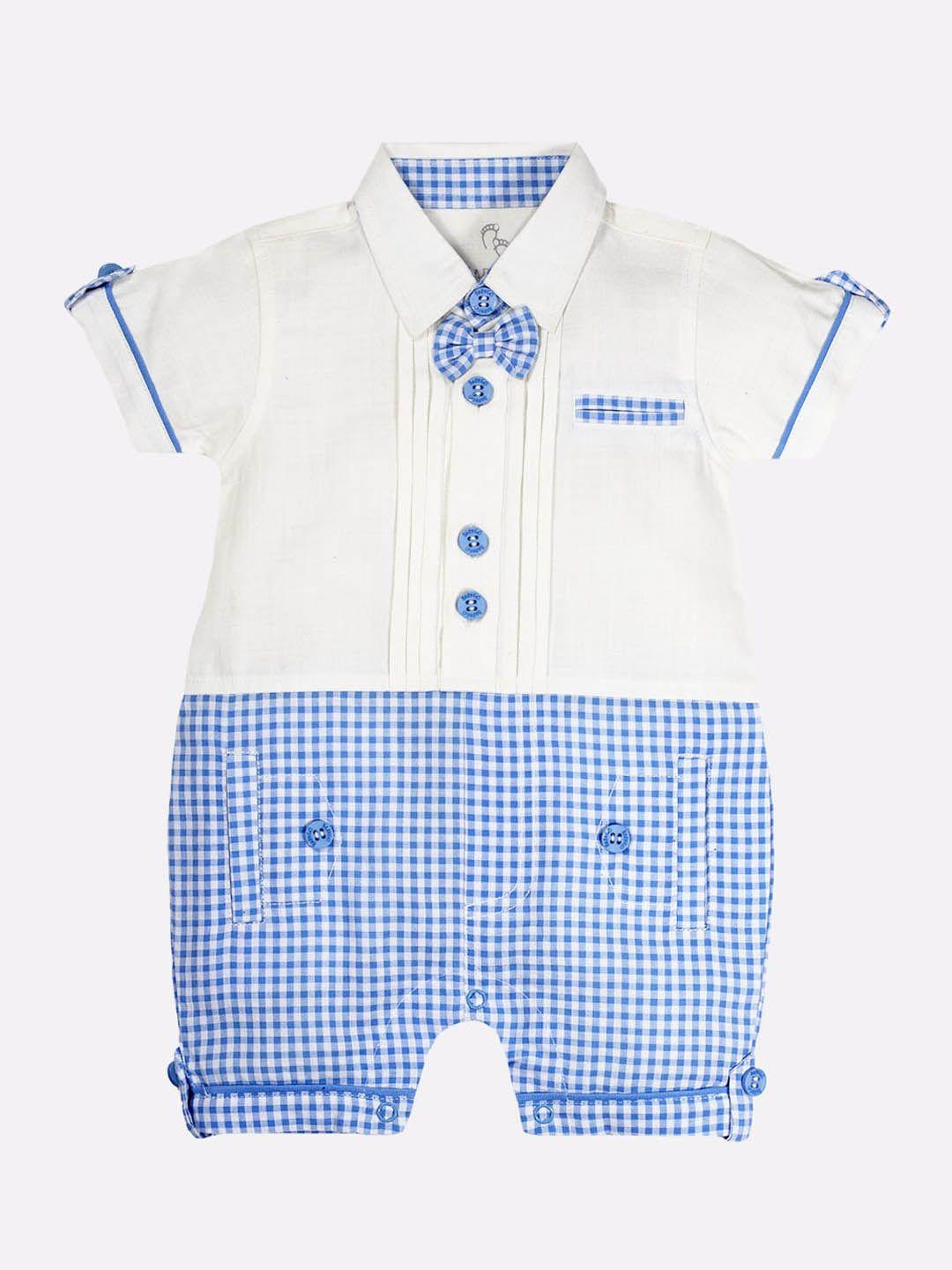 baby go infant boys blue & white checked pure cotton rompers