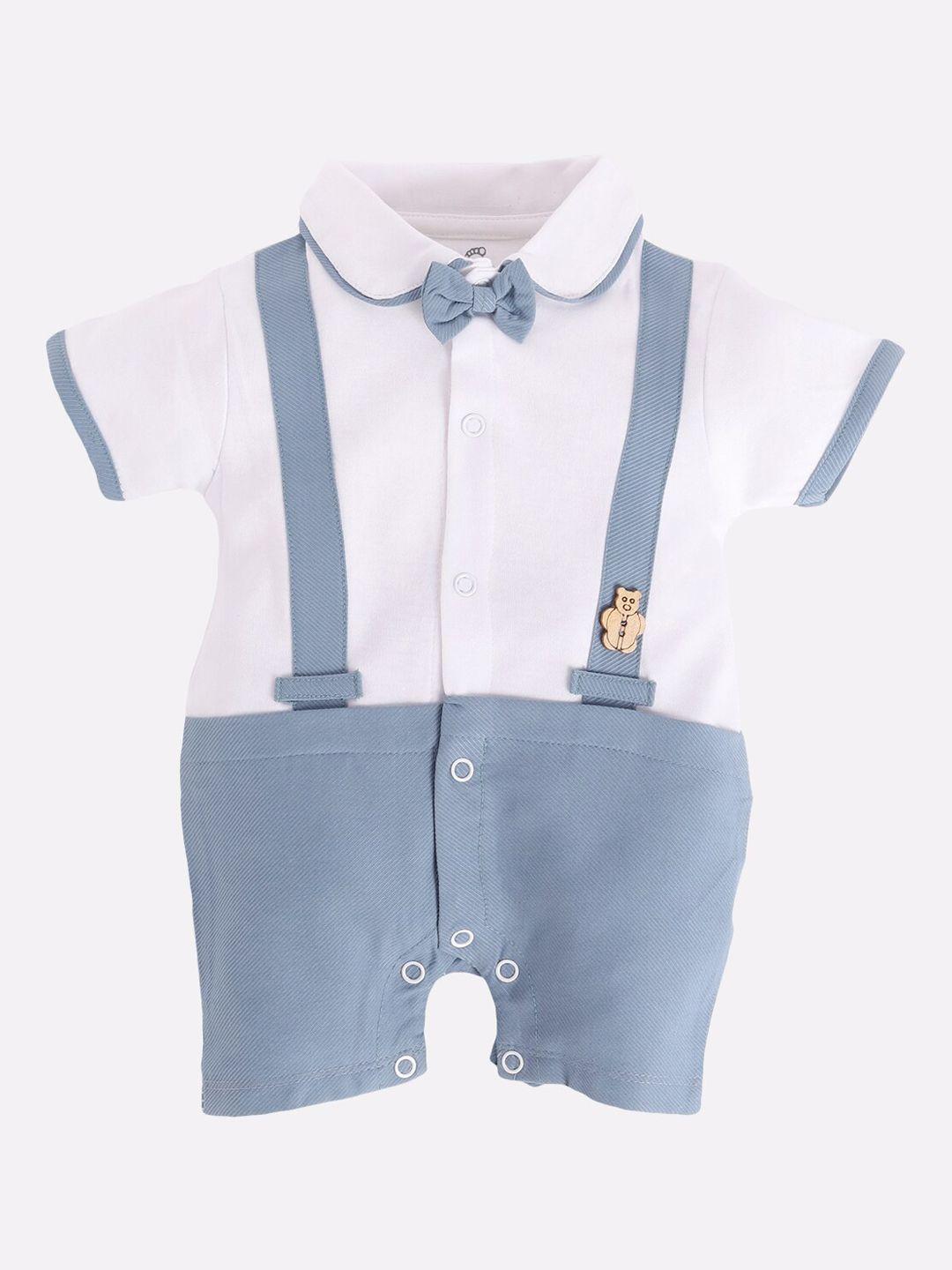 baby go infant boys white & blue colourblocked cotton rompers