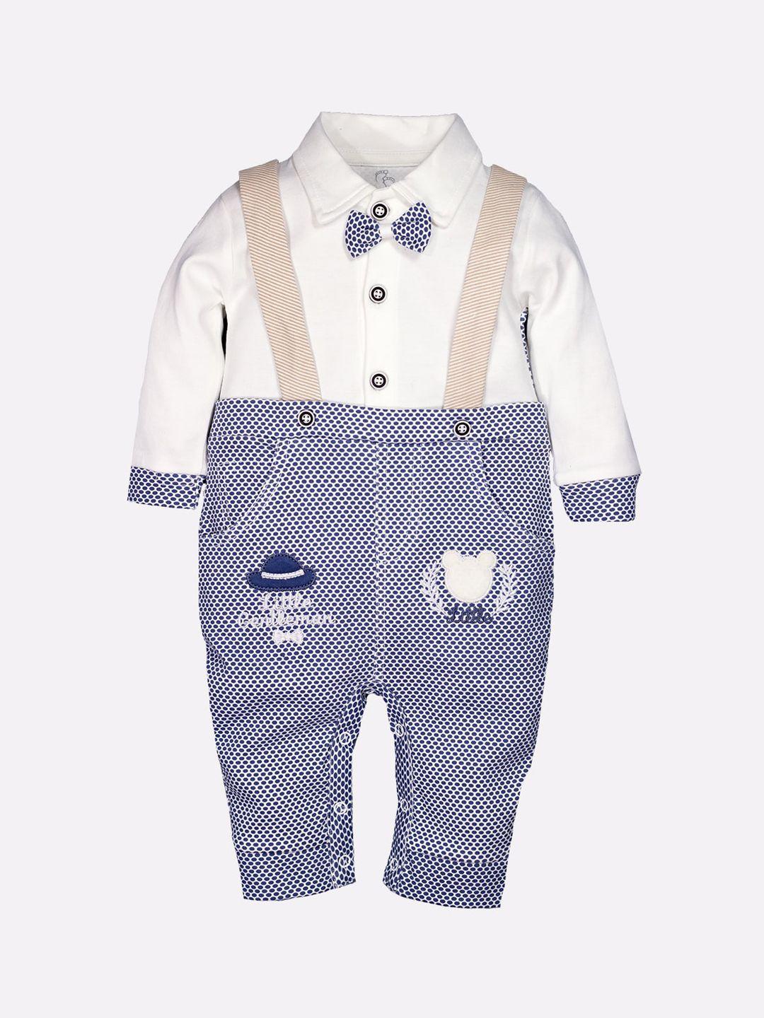 baby go infant boys white & blue printed pure cotton rompers