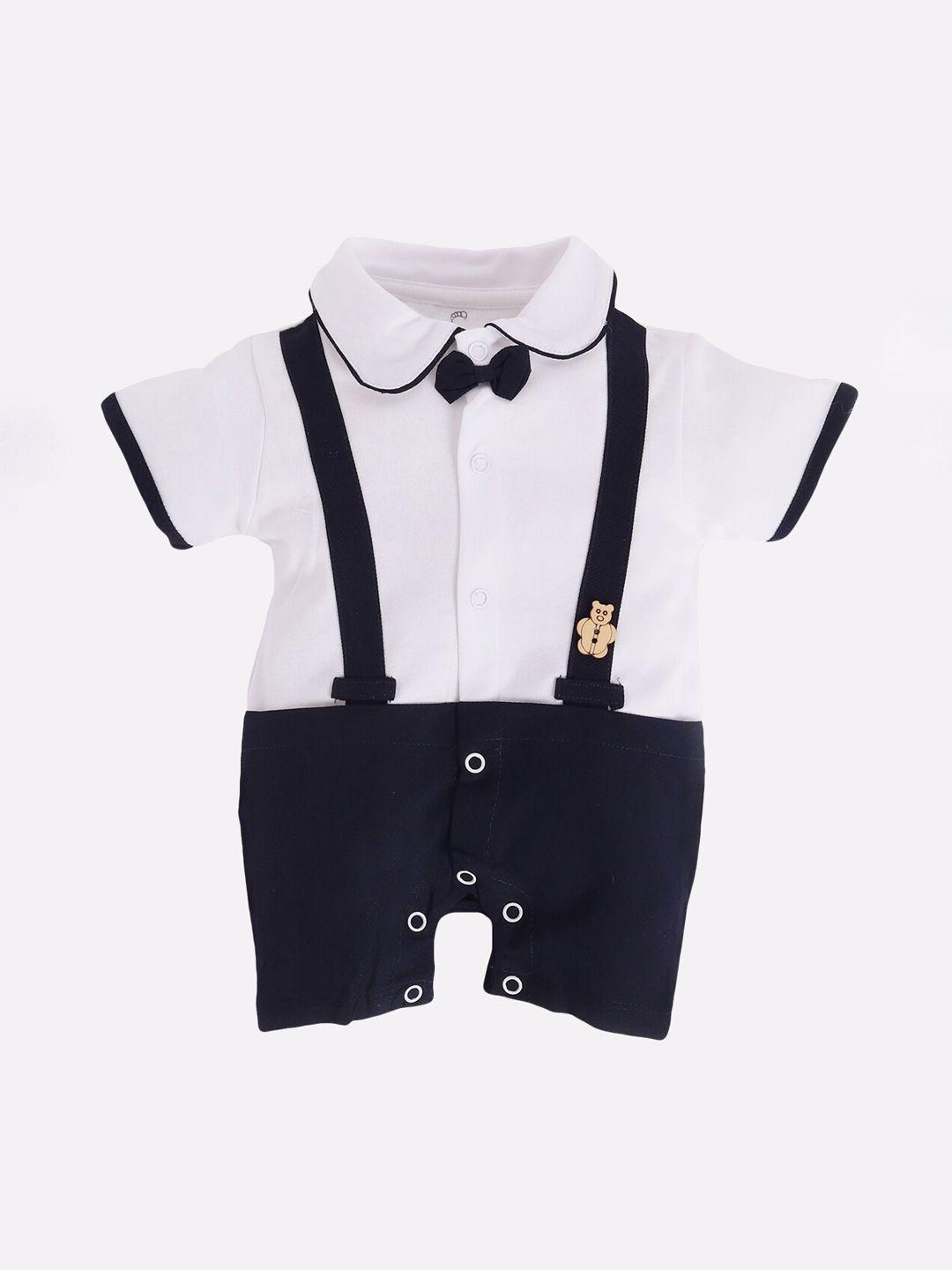 baby go infant boys white & navy blue solid cotton rompers