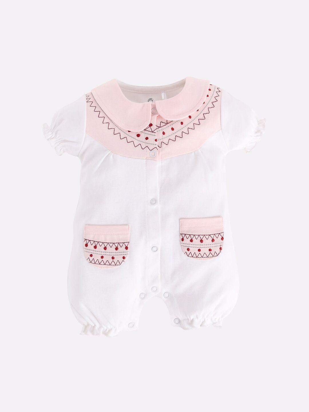 baby go infant girls white & pink embroidered pure cotton rompers