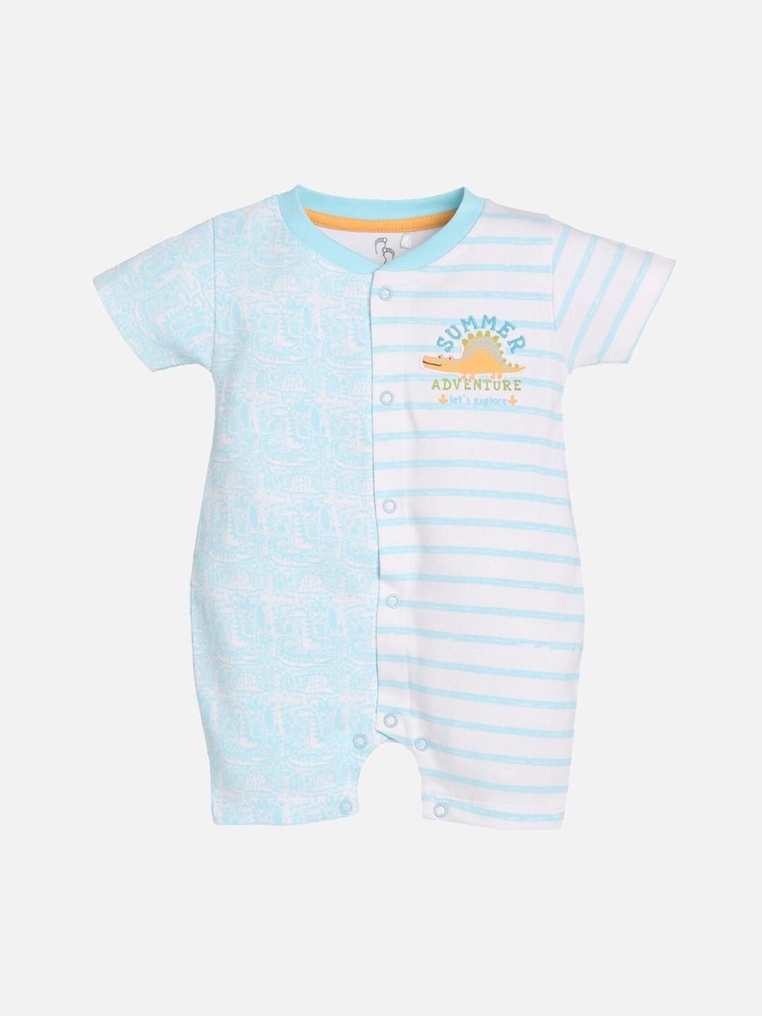 baby go infant kids white & blue printed cotton rompers