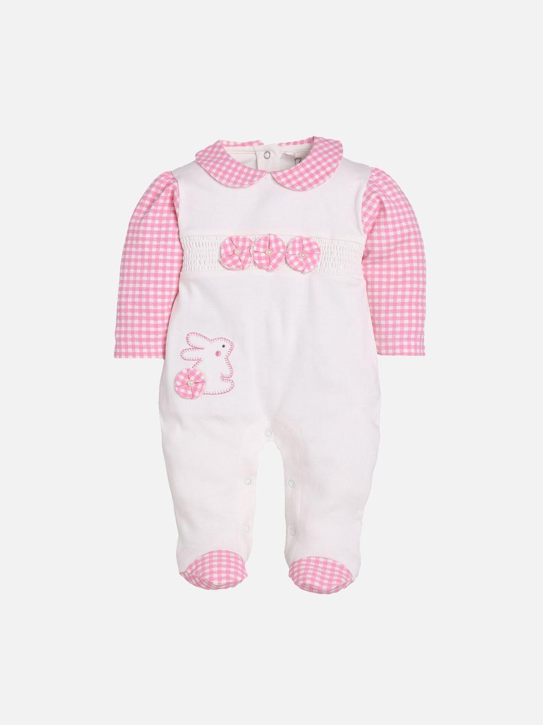 baby go infants kids white & pink solid cotton rompers with applique ornamentation