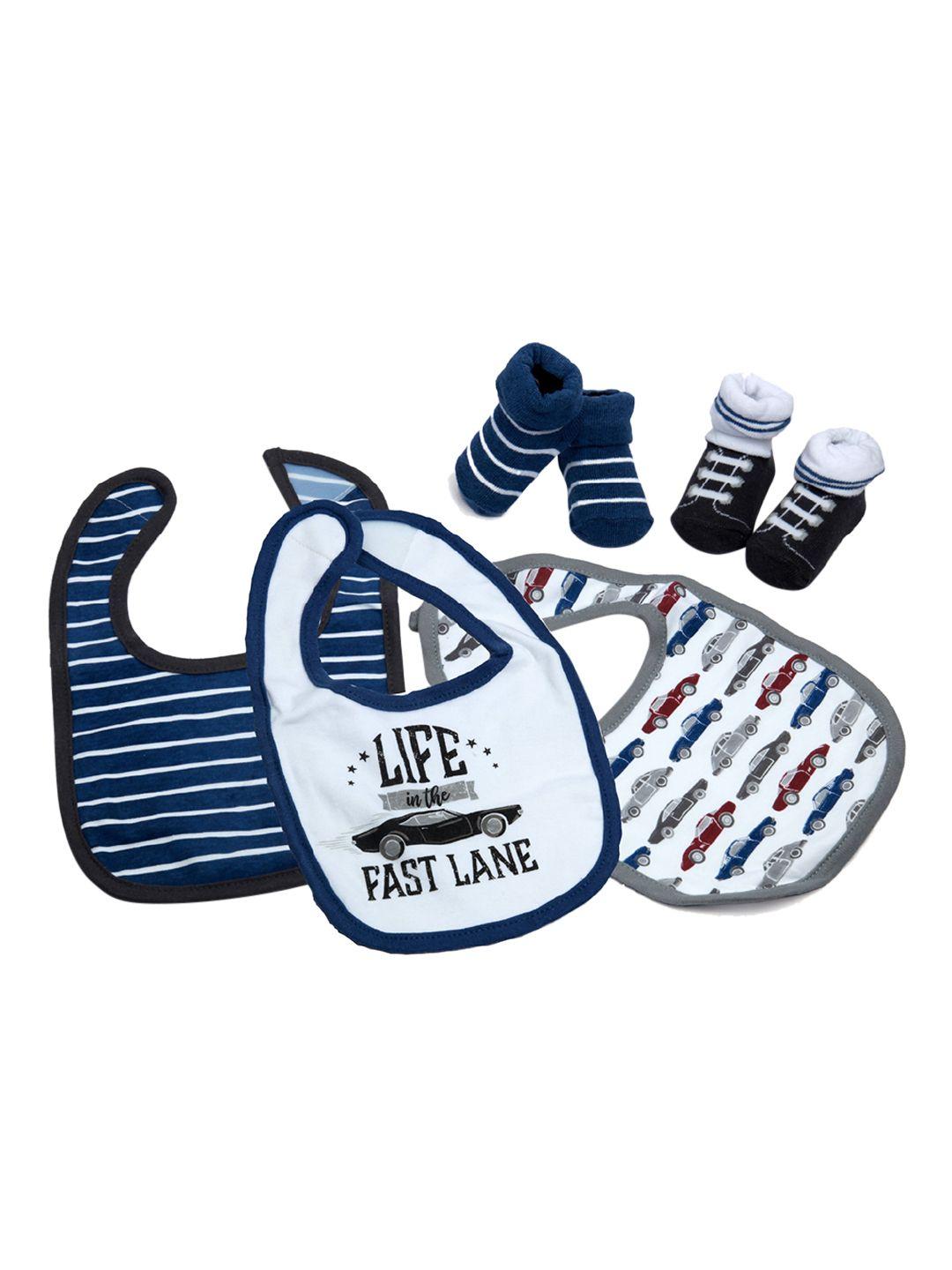 baby moo blue and white driving in the fast lane set of 3 bibs and 2 socks