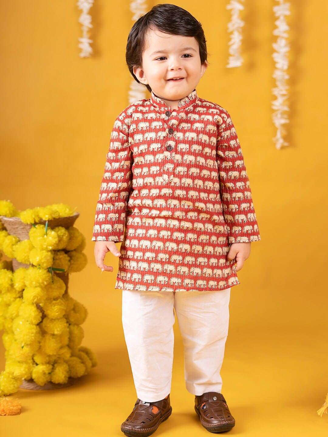 baby moo boys ethnic motifs printed mandarin collar straight kurta with pyjamas
