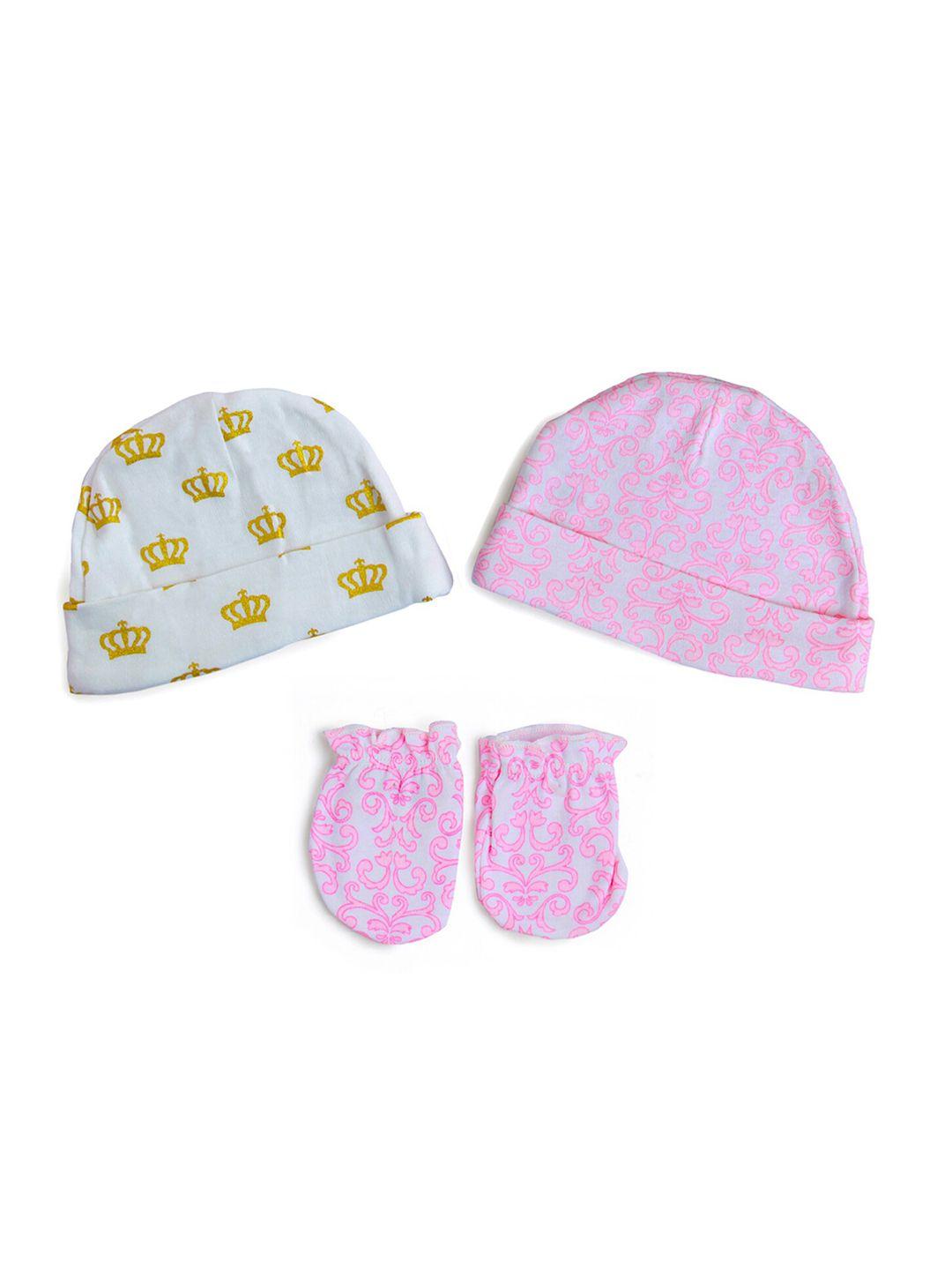 baby moo girls set of 3 pink & cream-coloured beanie & mittens