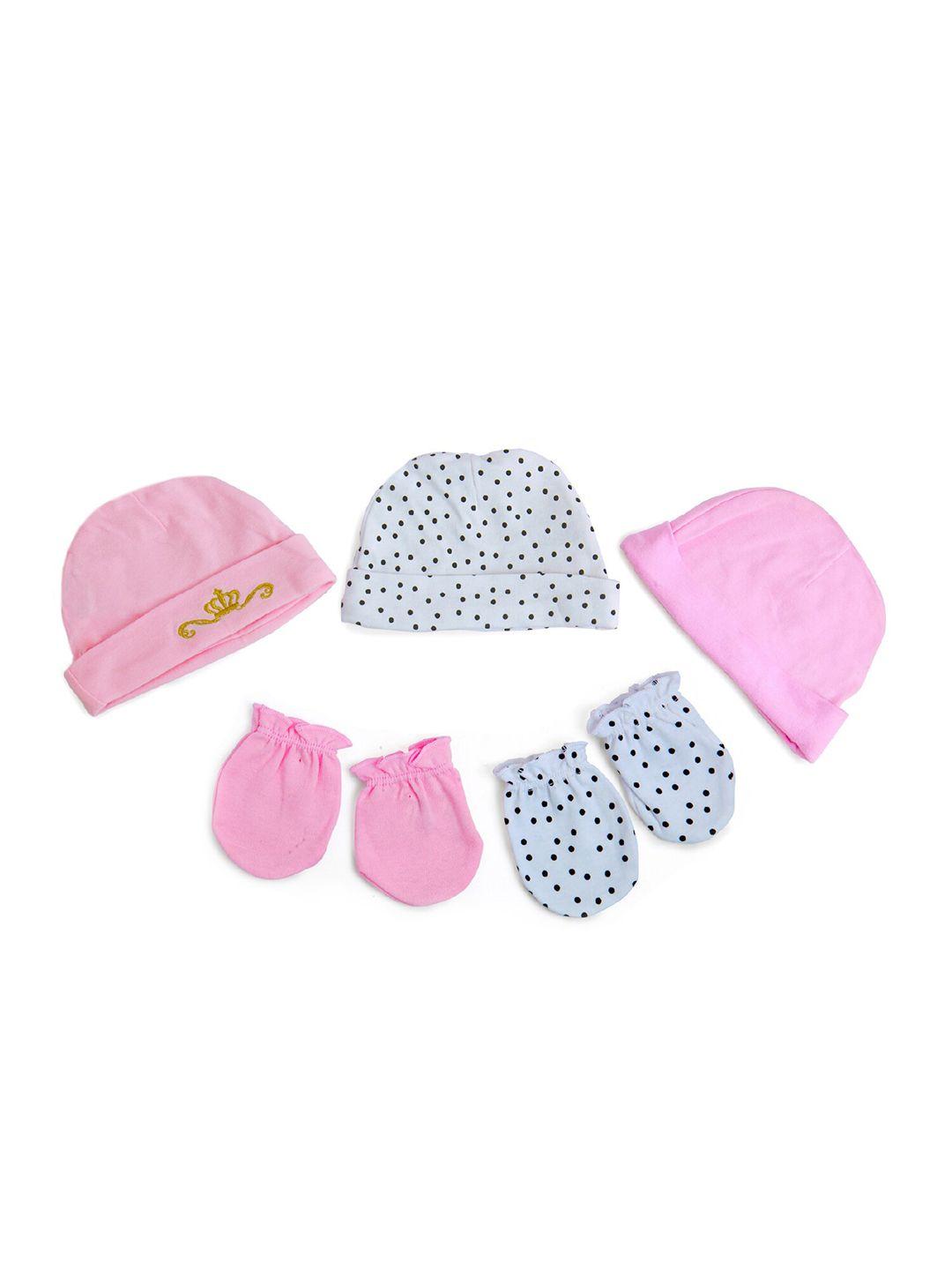 baby moo girls set of 5 pink & white printed beanie & mittens